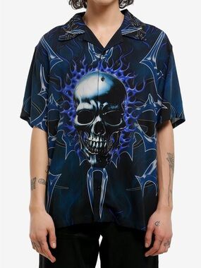 Hot Topic Blue Cyber Skull Woven Button-Up size L NWT
